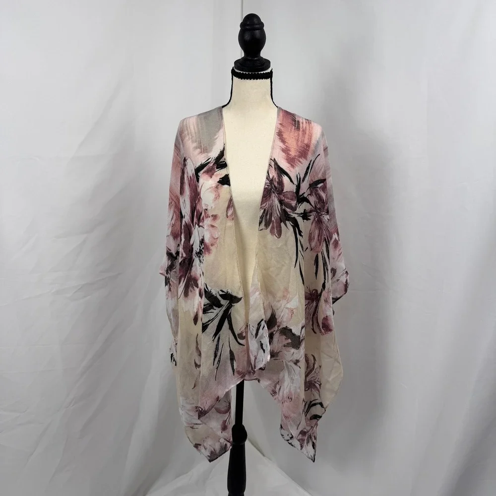 Vince Camuto Kimono Wrap Women One Size Blush Floral Good Sheer Open Front Layer